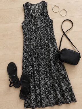 Sleeveless Black Ivory Floral Maxi Dress Tie Front Tiered Boho Cottagecore